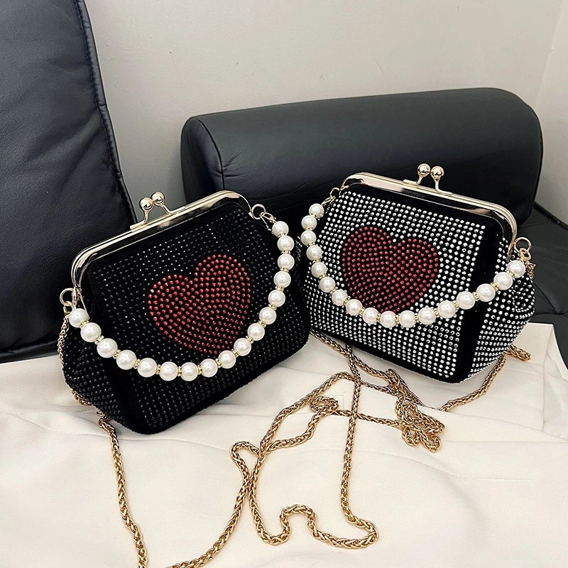 Women's Pu Leather Heart Shape Streetwear Pearls Shell Lock Clasp Shoulder Bag Crossbody Bag
