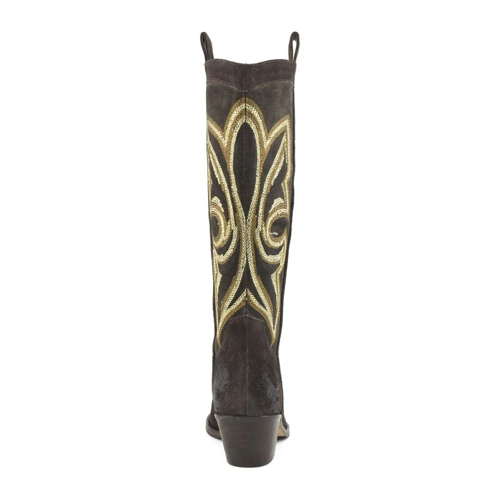 Classic Mid Calf Snip Toe Embroidered Dark Brown Cowboy Boots