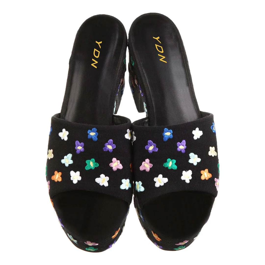 Black Open-Toe Multicolor Flower Embroidery Slides with Platform