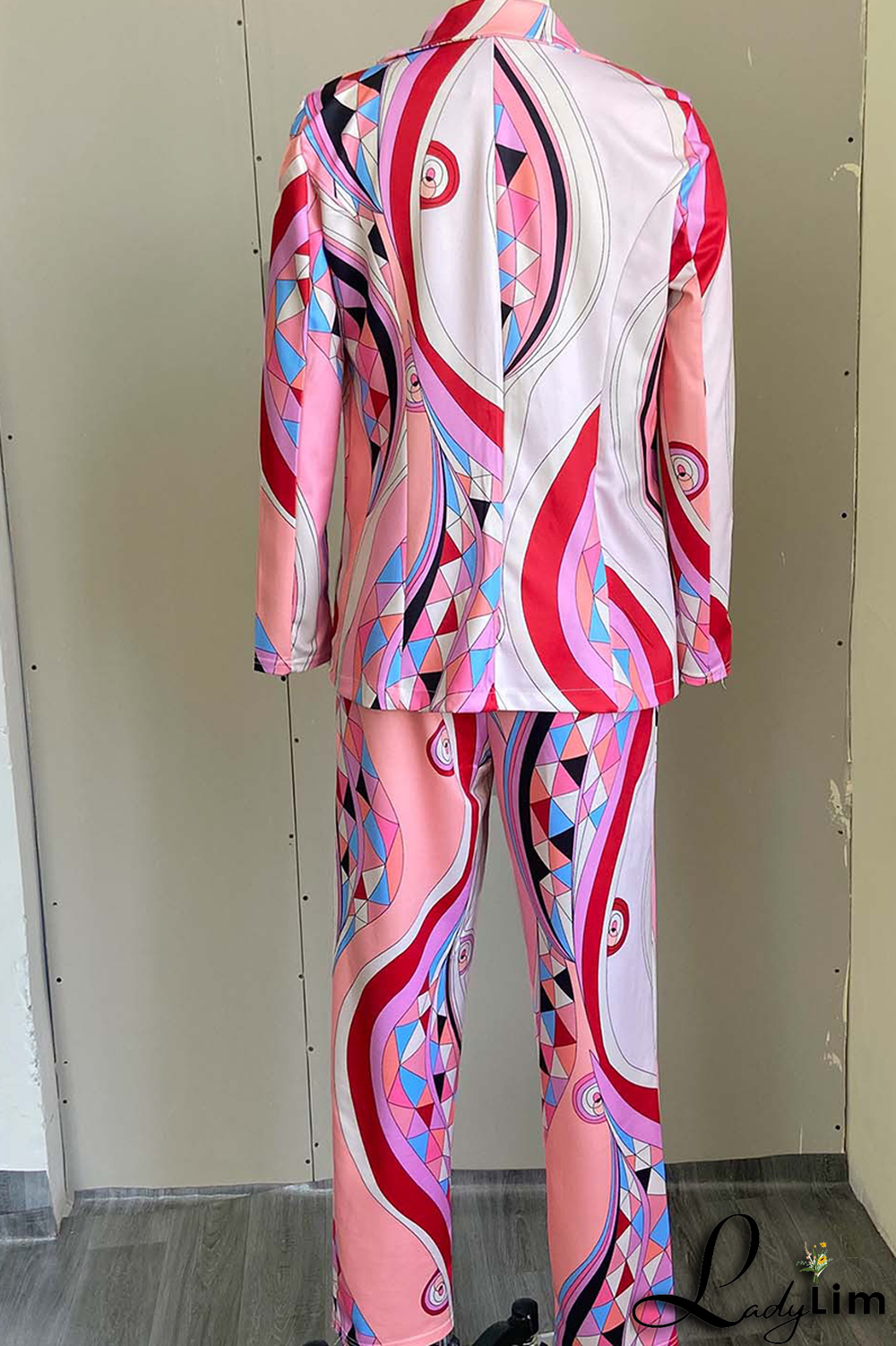 Pink Casual Print Split Joint Turndown Collar Long Sleeve Two Pieces