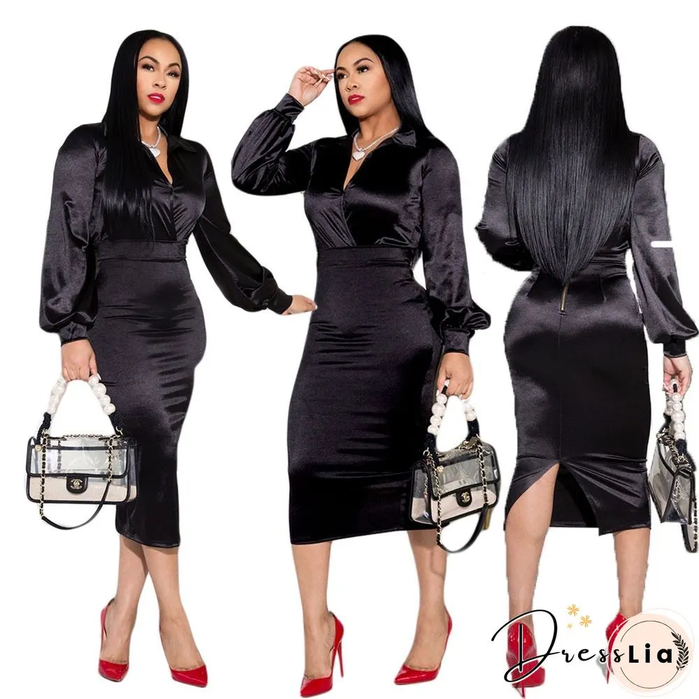 Plus Size V neck Long Sleeve Black Pencil Dress