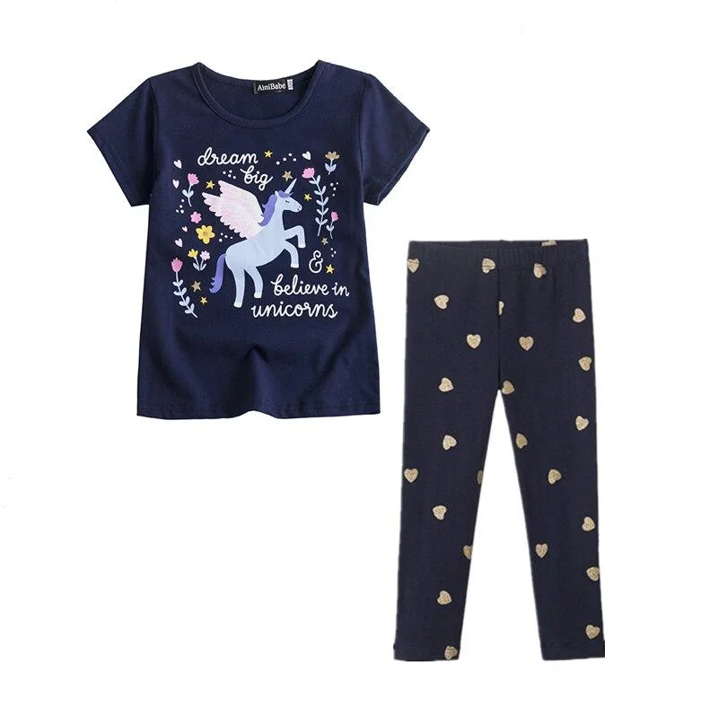 Unicorn Kids Girls Clothes Sets 2PCS Short Sleeve T-Shirt + Long Pants Rainbow Print Elastic Leggings Boys Girls Summer Clothes
