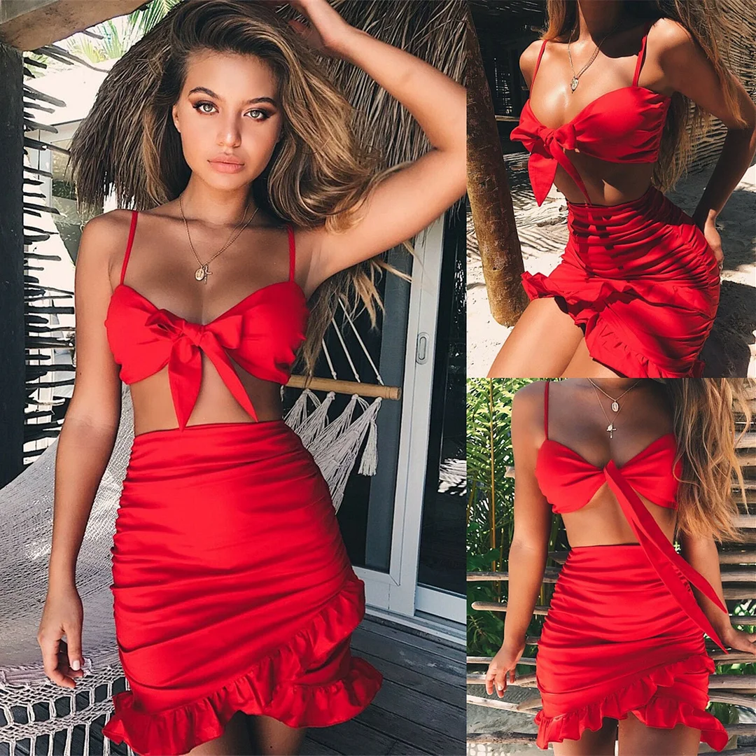Sexy Ruffle Skirt Camis Suit Red V Neck Bow Tie Elegant Crop Tops Summer Mini Dress Two Pieces Clothing Set Party Outfits Women