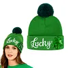 St Patricks Day Hat Sequins Lucky Pom Beanie Hats Green Knit Winter Hat for Irish-Themed Events