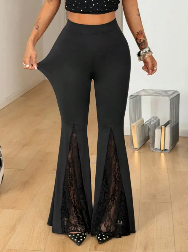 Women High Waist Lace Split Flare Pants