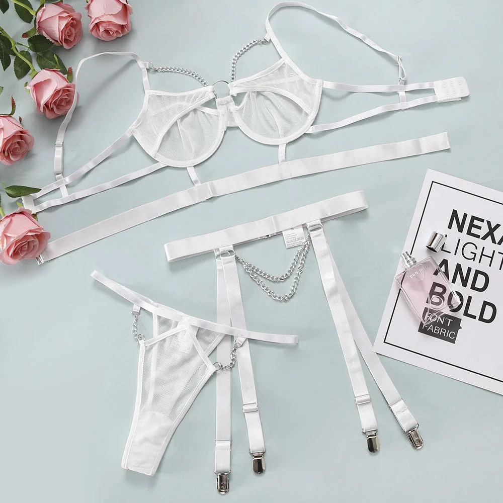 MIRABELLE Sensual Lingerie With Chain Sexy Hollow Out Bra See Through Lace Underwear Thong Set Woman 3 Pieces Exotic Sets