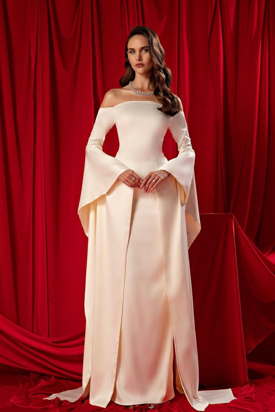 Lvs&Broner Off the Shoulder Strapless Long Sleeves Long Prom Dress With Ruffles