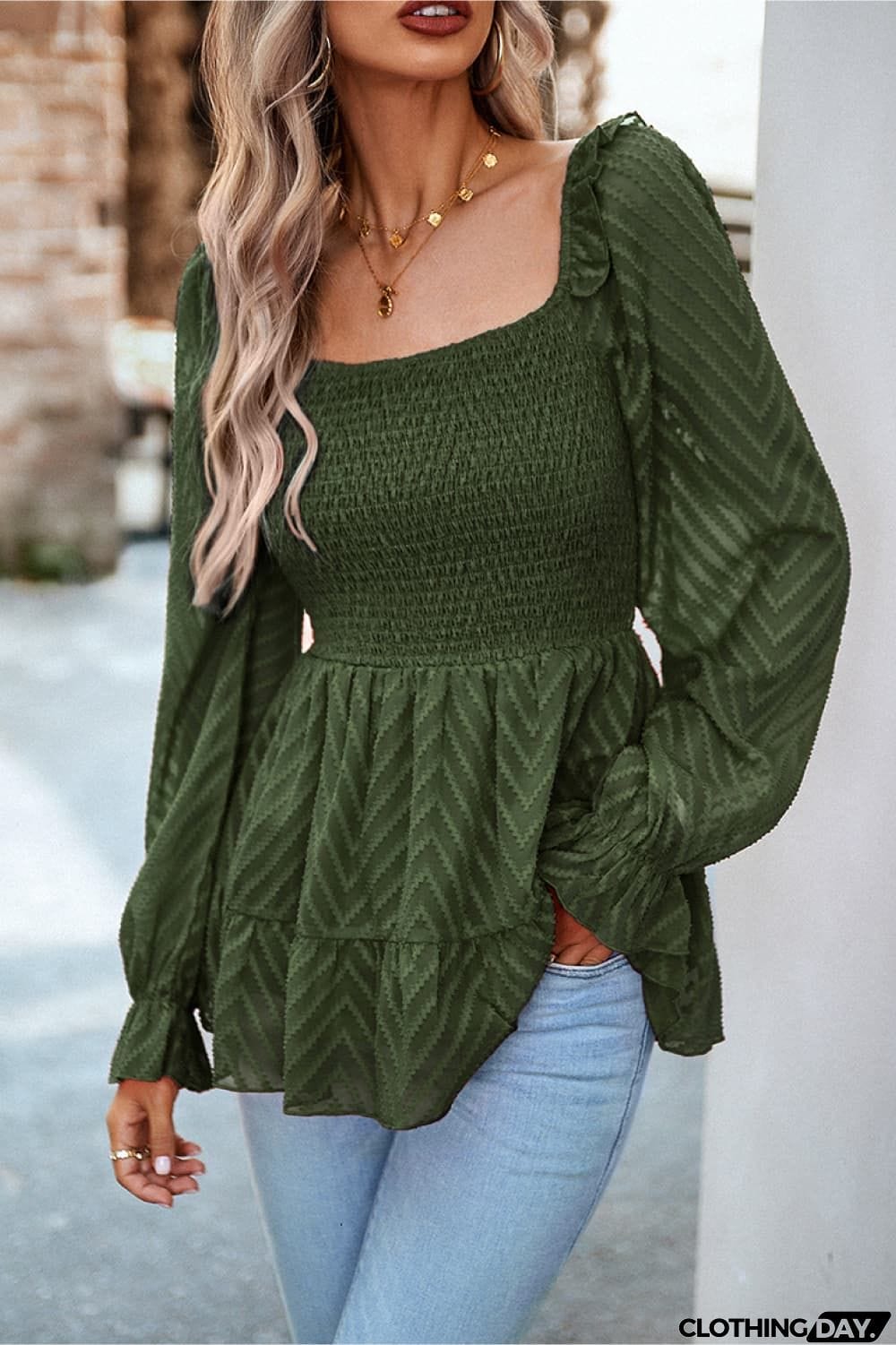 Square Neck Flounce Sleeve Peplum Top