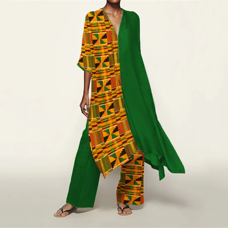 Ethnic African Kente Contrast Flowy Kaftan & Pants Set