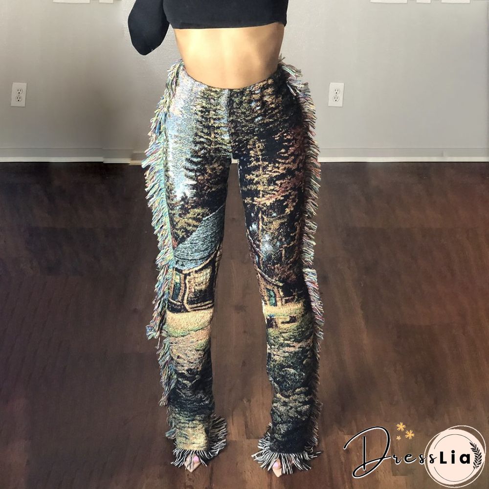 Side Tassels Patchwork Elastic Waist Women Print Jogger Pant