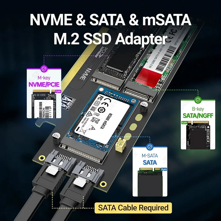 JEYI NVMe NGFF and mSATA SSD PCIe Adapter Card, in NVME to  SATA SSD to SATA III/mSATA to SATA Converter