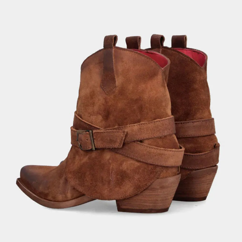 Brown Vegan Suede Snip Toe Chunky Heel Decorative Strap Western Boots