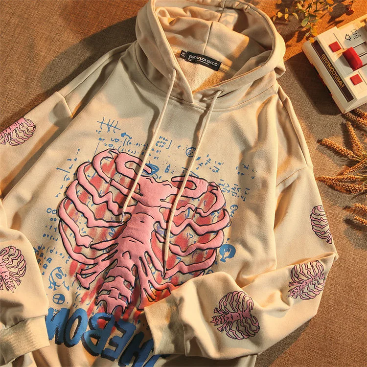 Heart Print Hooded Sweatshirt Loose Long Sleeve Top at Hiphopee