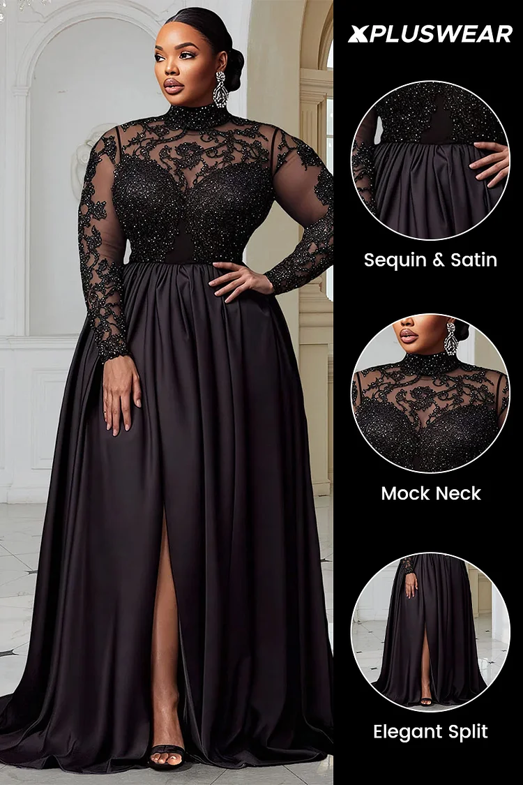 Xpluswear Design Plus Size Formal Black Mock Neck Long Sleeve Split Elegant Sequin Satin Maxi Dresses [Pre-Order]