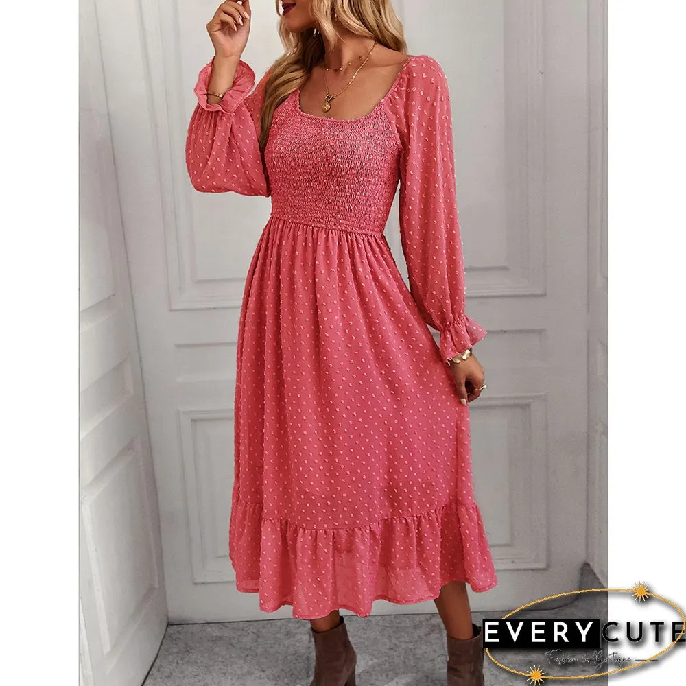 Watermelon Red Square Neck Pleated Swiss Dot Long Sleeve Dress