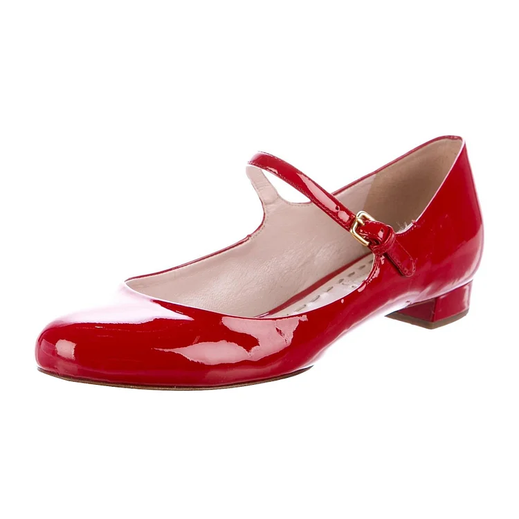 FSJ Red Patent Leather Low Block Heel Mary Jane Shoes |FSJ Shoes