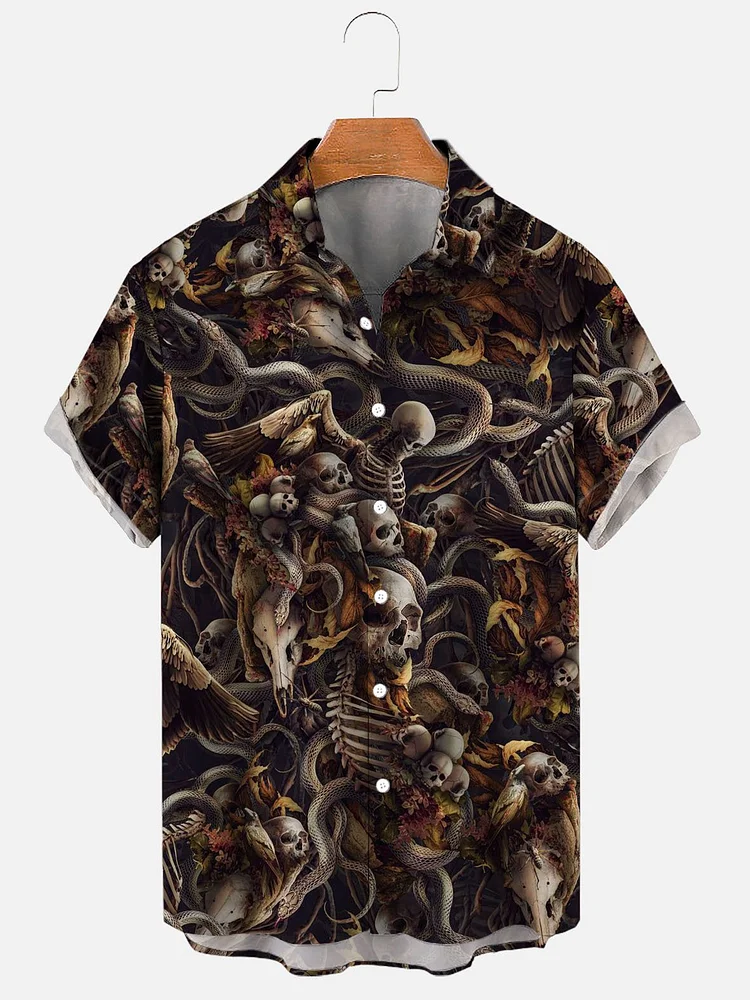 Men's Hawaiian Skull Halloween Casual Print Shirt