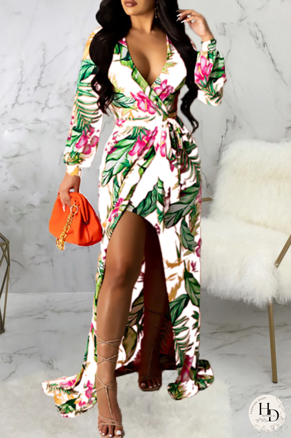 Yellow Sexy Print Split Joint V Neck Irregular Dress Dresses