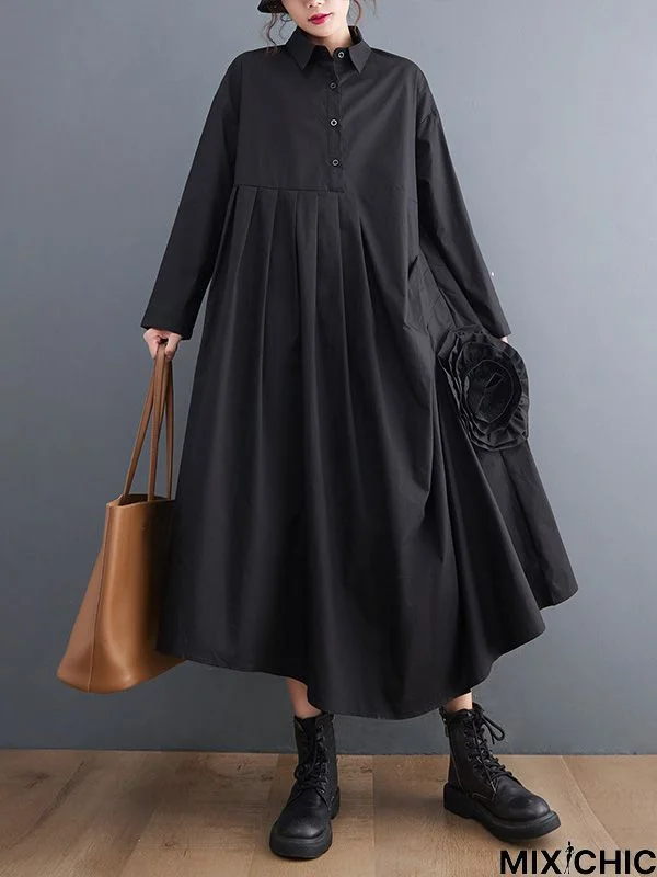 Urban Floral Applique Pleated Long Sleeves Shirt Dress Midi Dress