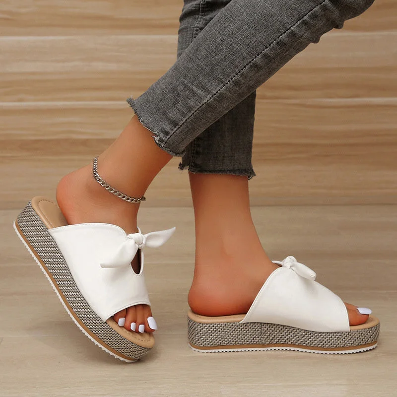 Women's Solid Color Bowknot Platform Slippers
