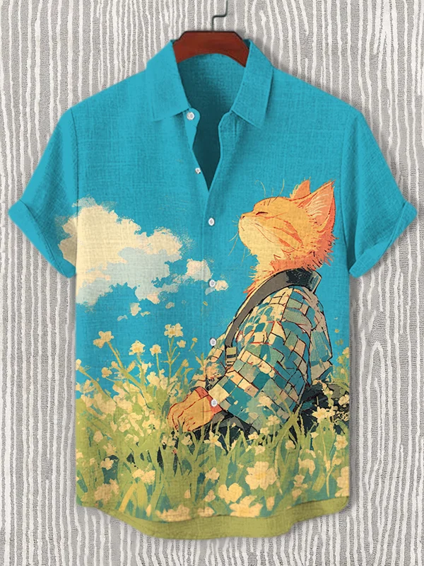 Men's Samurai Cat In A Calm Autumn Landscape Art Print Casual Shirt