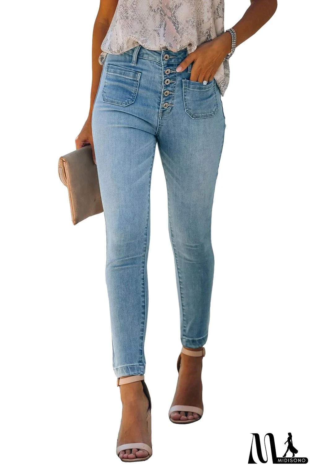 MidiSono - Light Blue Button Fly Skinny Jeans with Pockets
