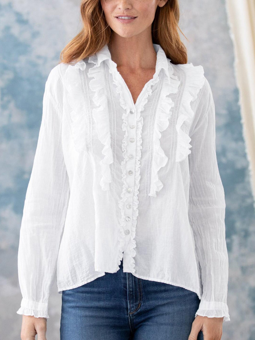 Elegant Ruffle Lace Buttoned Women Shirt