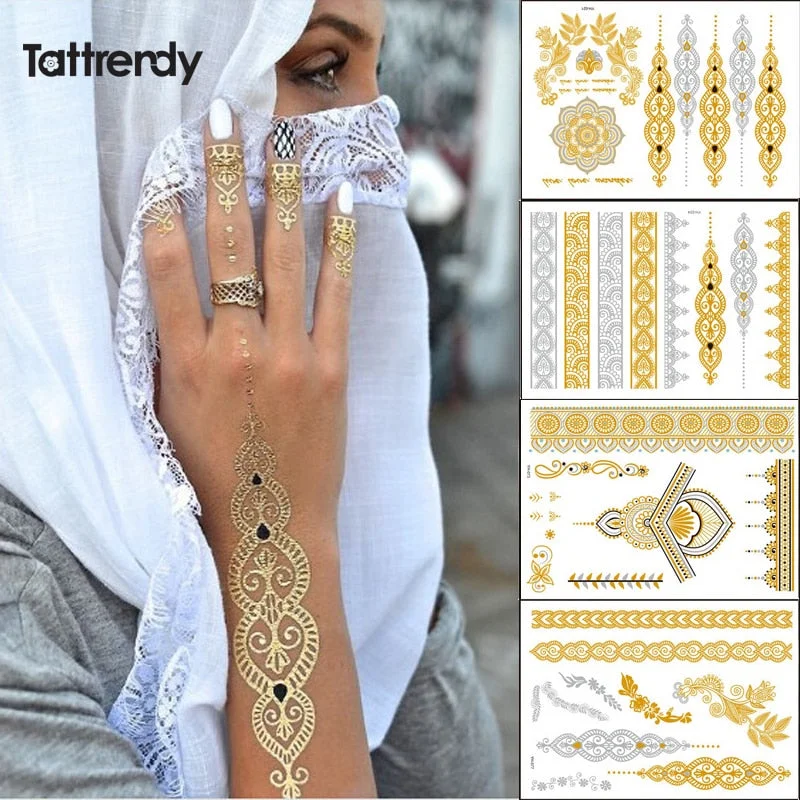 4pcs new Indian Arabic design golden silver flash tribal henna tattoo paste metalicos color metal tattoo set body hand Bride hot