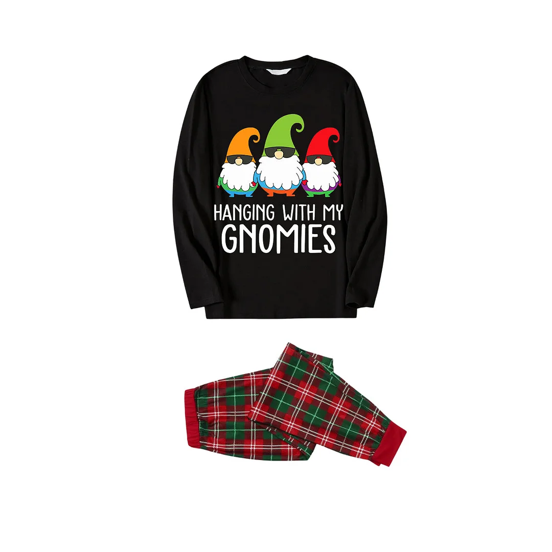 Three Santas "HANGING WITH MY GNOMIES" Monogram Print Black Long Sleeves Top with Classic Red and Green Plaid Pants Family Matching Pajamas