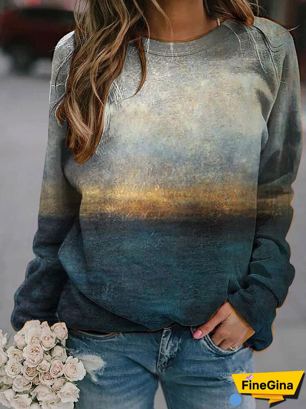 Landscape Prints Long Sleeves O-neck Casual T-shirt For Women