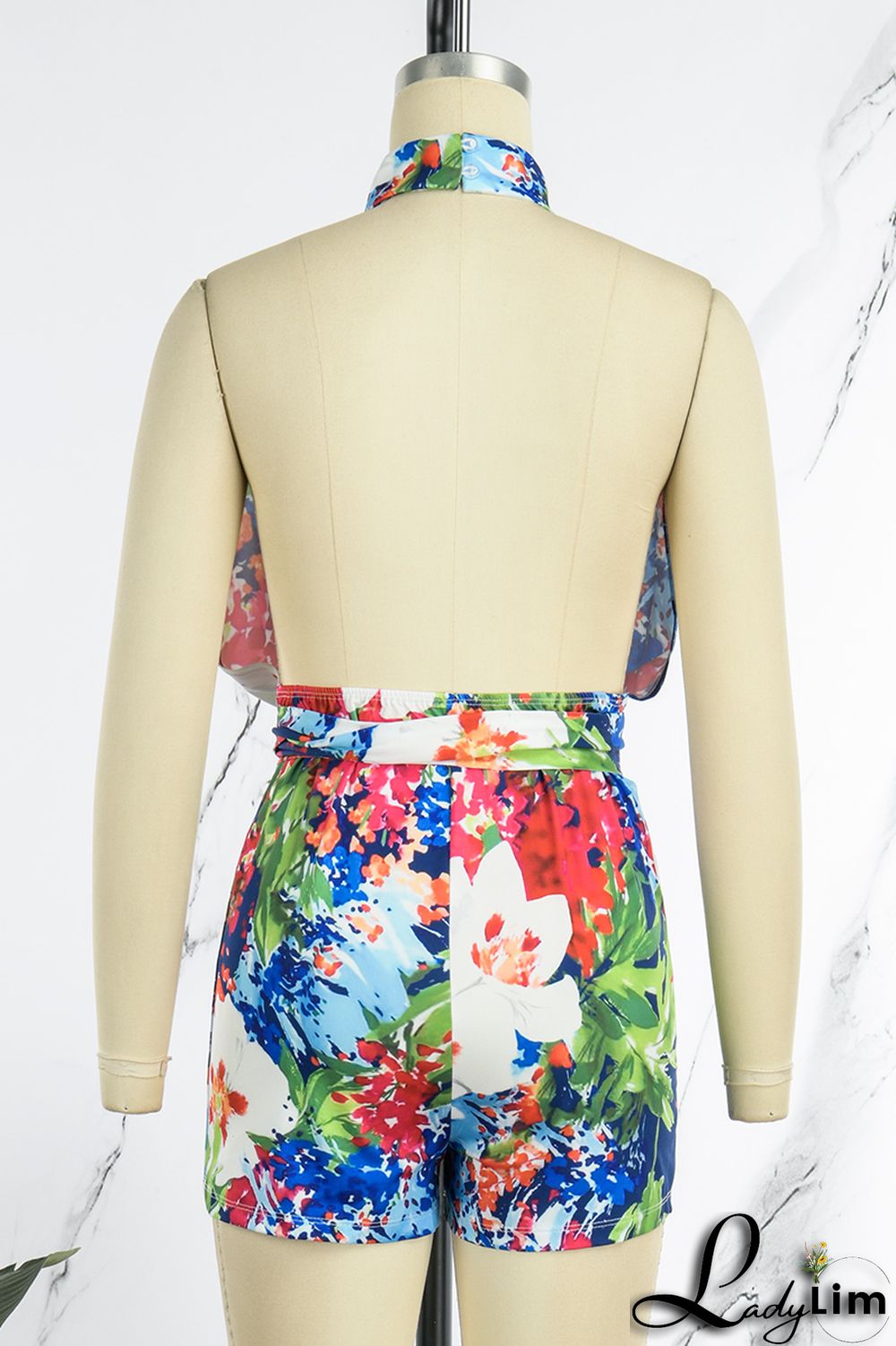 Green Sexy Vacation Floral Frenulum Backless Half A Turtleneck Regular Jumpsuits(With Belt)