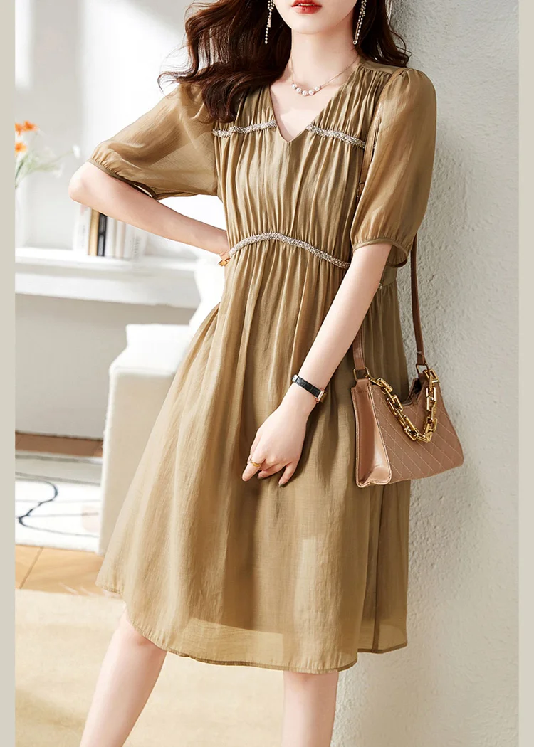 Stylish Khaki V Neck Patchwork Wrinkled Chiffon Maxi Dress Short Sleeve
