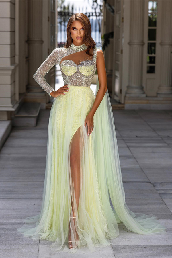 Bellasprom Daffodil High Neck Prom Dress Long Sleeves Tulle Split With Sequins Beads Bellasprom