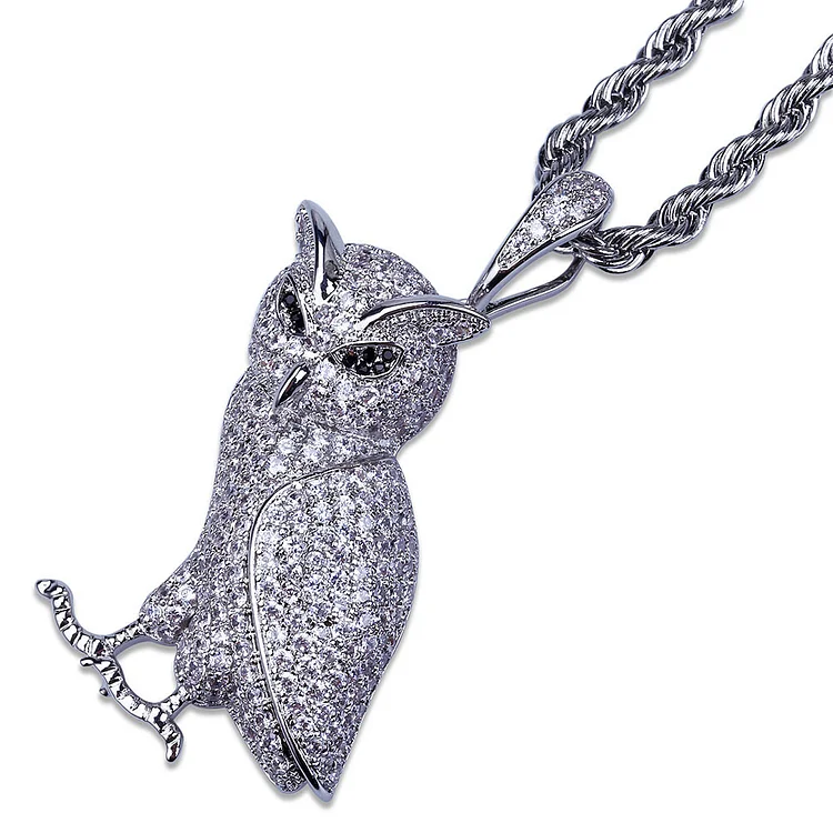 Ice Out Owl Charms Necklace Micro Pave Cubic Zircon Pendant-VESSFUL