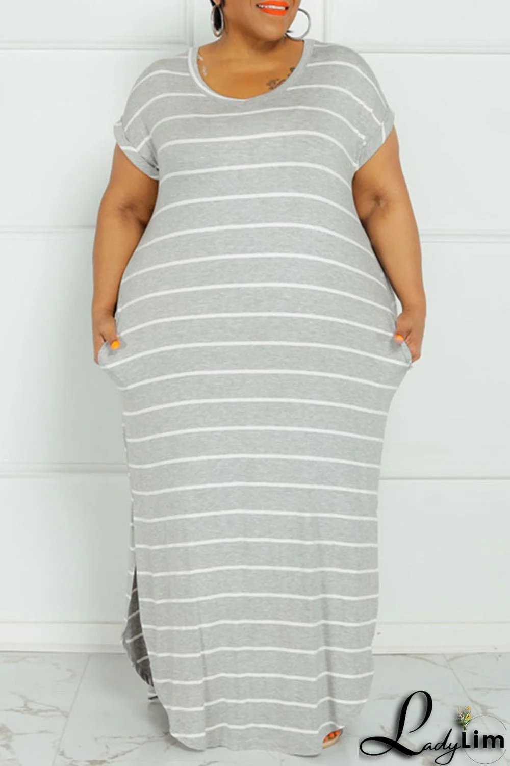 Grey Fashion Casual Plus Size Striped Print Basic O Neck Short Sleeve Dress