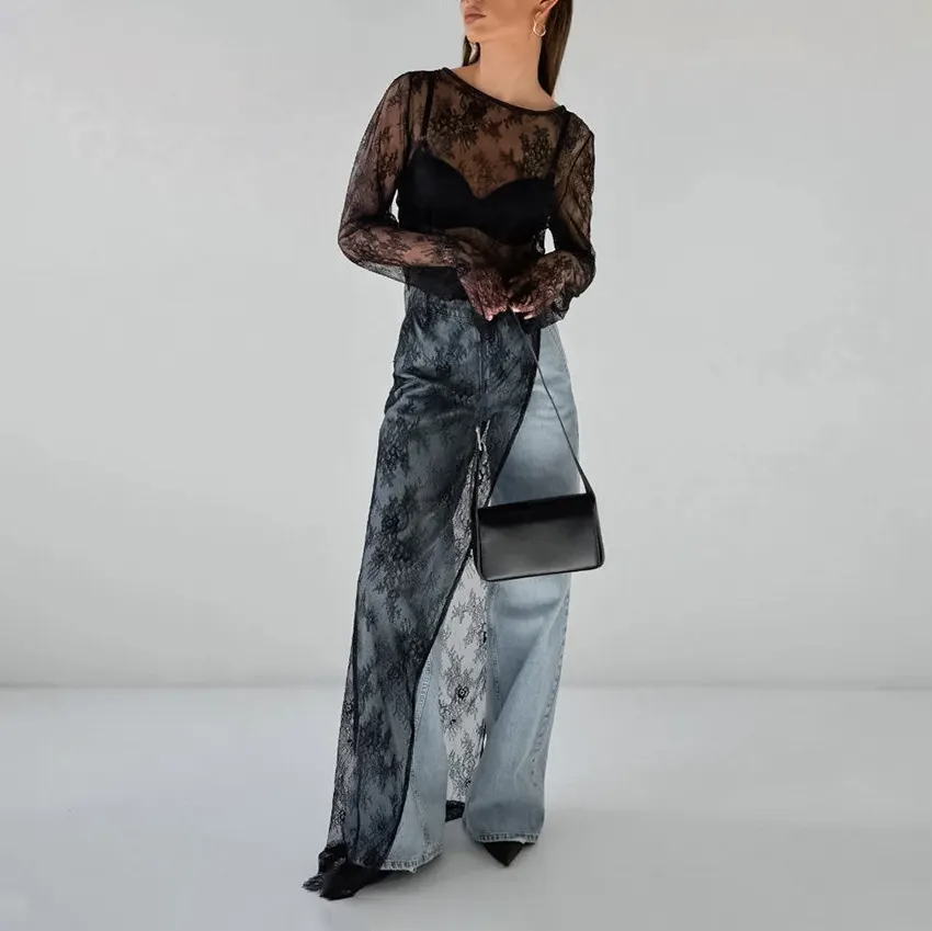 Round Neck Long Sleeve Sheer Lace Asymmetric Slit Maxi Dress