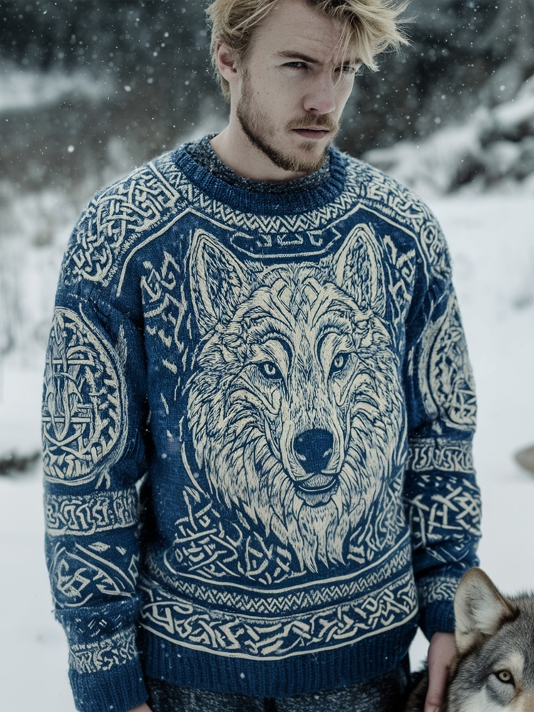 Men's Viking Inspired Wolf Pattern Cozy Knit Sweater elevenforest