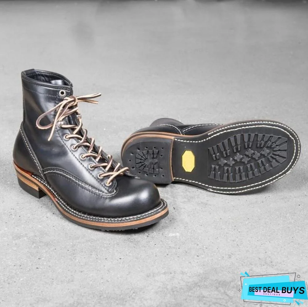 Vintage Cowhide Mens Ankle Boots Casual Lace Up Round Toe Genuine Leather Unisex Cargo Shoes Plus Size