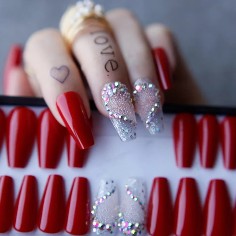 Valentine nails Luxury Coffin Love nails Red Acrylic False nails Logo customization Pink caviar AB Glitter transparent nail gel-Nail Inspo