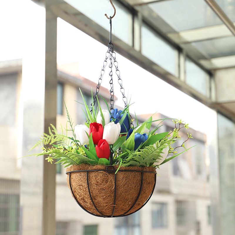 Red, White And Blue Tulip Hanging Basket For The 4th Of July