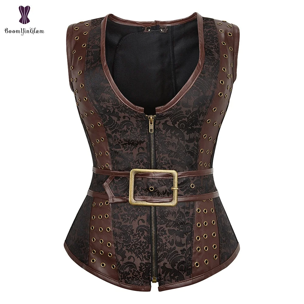 Zip Up Women's Waistcoat Vest Brown Steampunk Gothic Clothing Slimming Body Shaper Top Deep V Bustier Corset With Blets