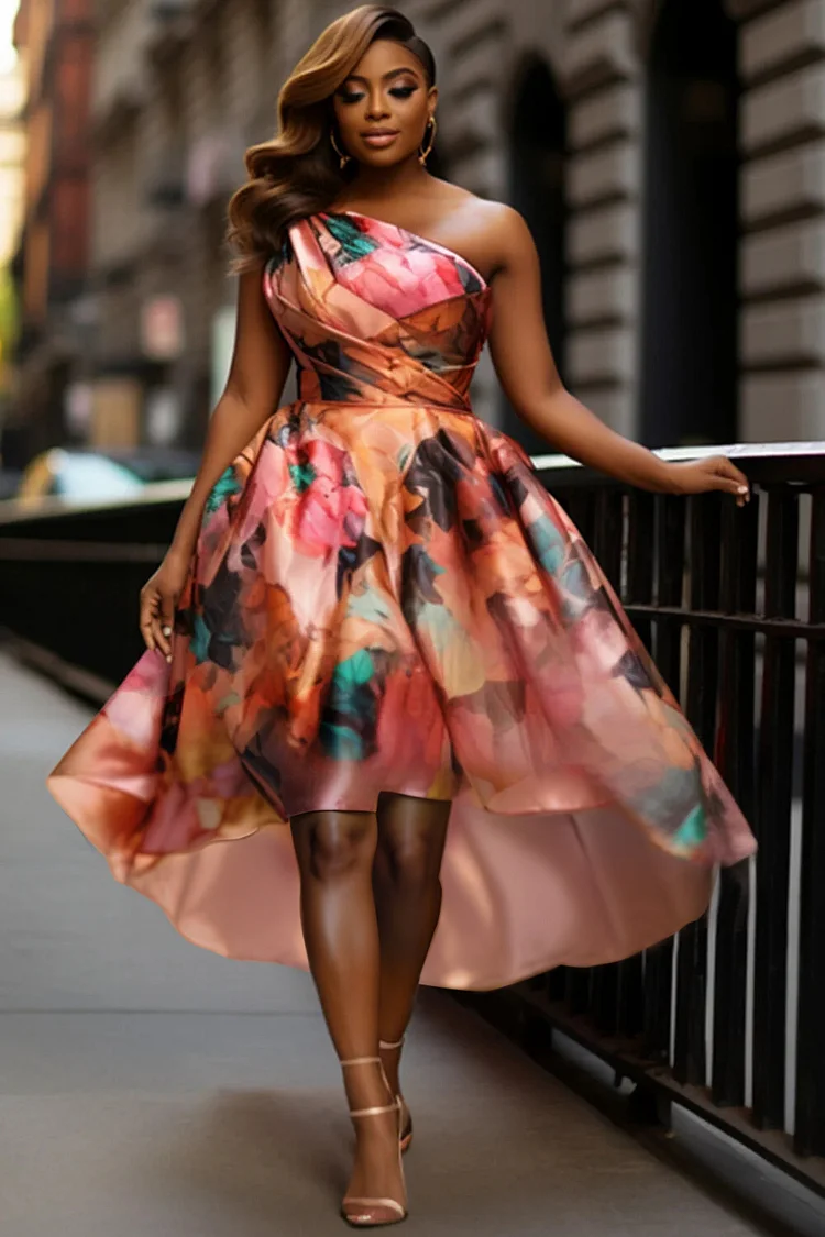 Xpluswear Design Plus Size Wedding Guest Satin Pink Floral One Shoulder High Low Hem Midi Dresses 2024 - Xpluswear