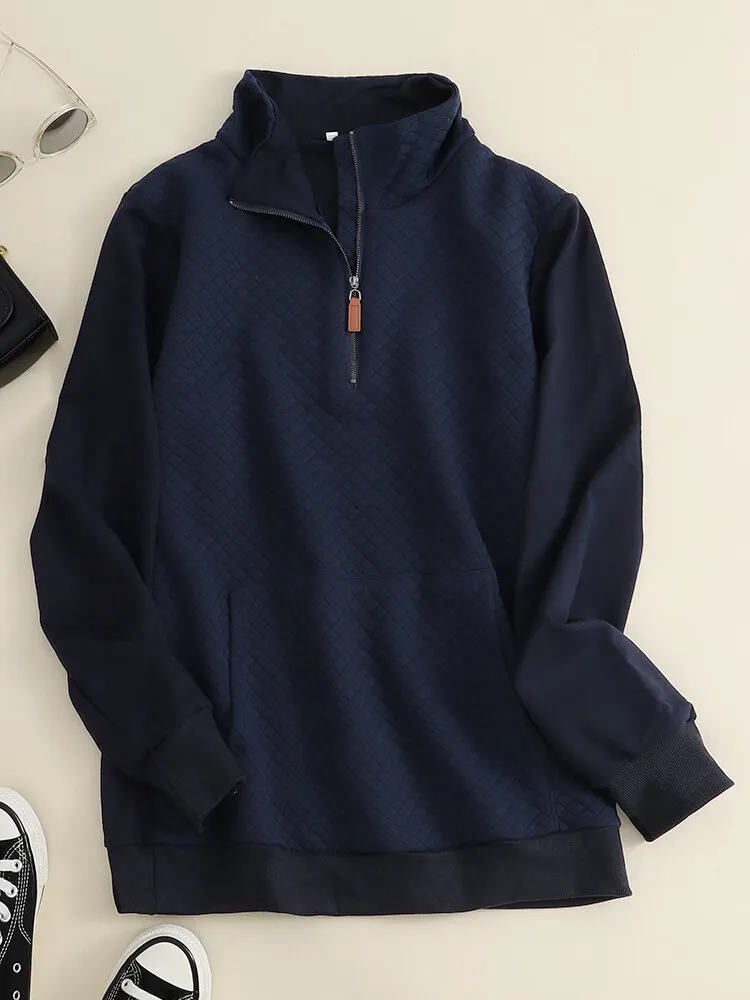 Solid Zip Front Pocket Long Sleeve Lapel Women Sweatshirt