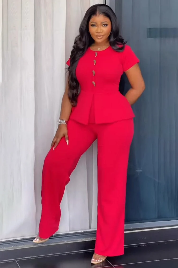 Button Cinched Short Sleeve Wide Leg Jumpsuits-Red [Pre Order]