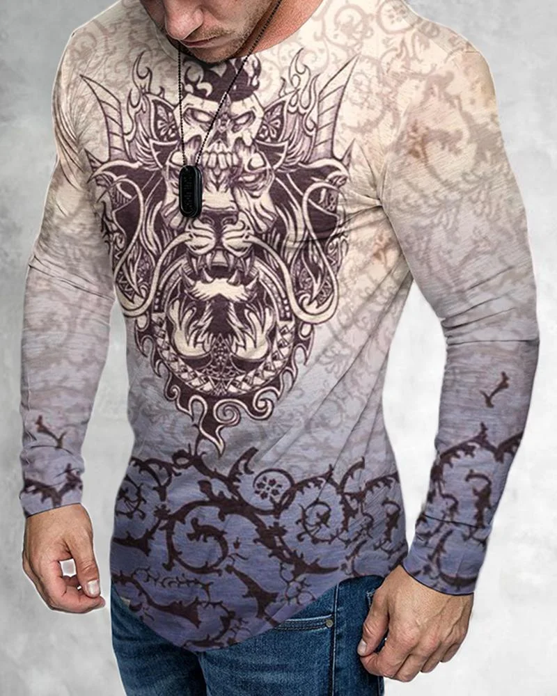 Men's Casual Long Sleeved Gradient Lion Printing T-shirt