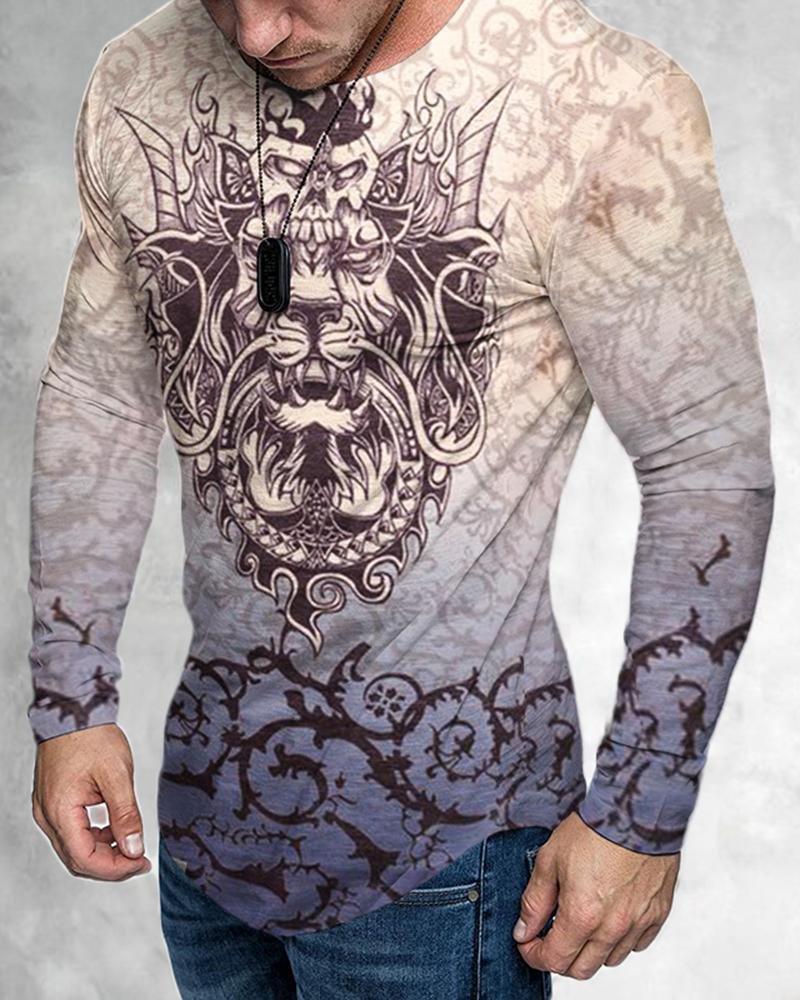 Men's Casual Long Sleeved Gradient Lion Printing T-shirt