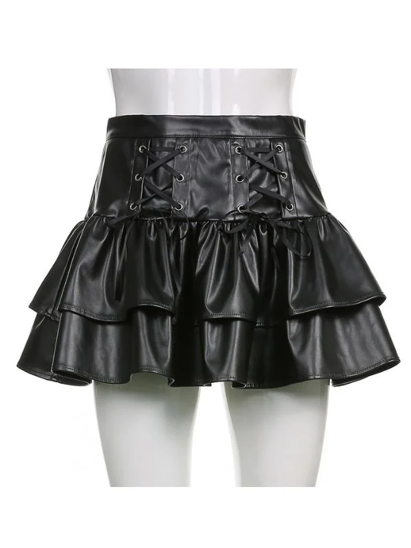Gothic Dark Punk Street Leather Bandaged Paneled Solid Pattern A-line High-rise Mini Skirt