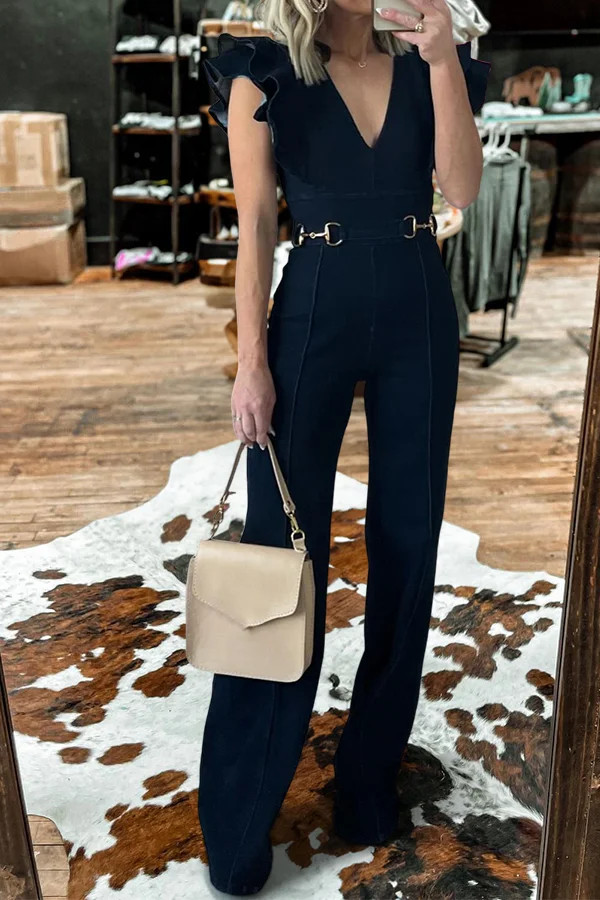 V-Neck Ruffled Denim Jumpsuit