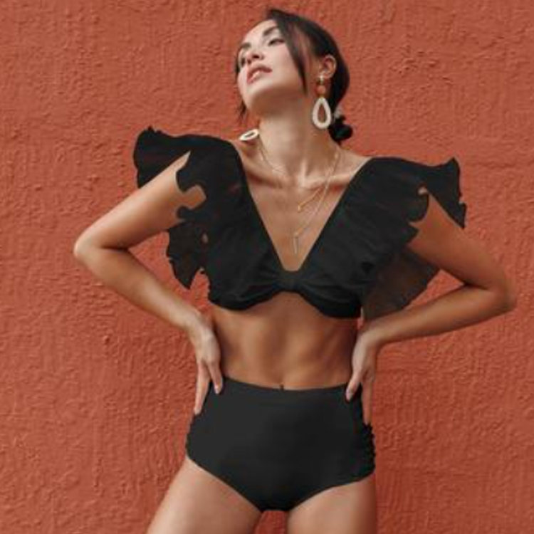 Net Yarn Ruffle High Waist Bikini Swimsuit Flaxmaker