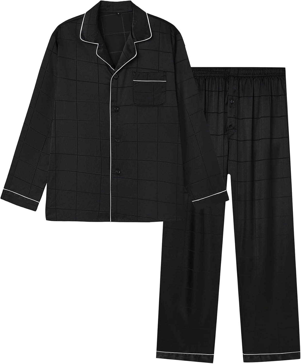 Jupitersecret Men's Silk Pajamas Set Long Sleeve Button-Down Sleepwear With Pockets，Black&white
